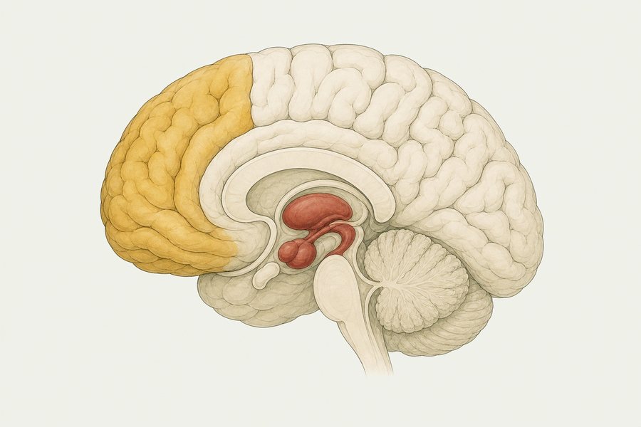Brain in side profile: prefrontal cortex filled gold at the front, amygdala and basal ganglia filled red deep in the centre