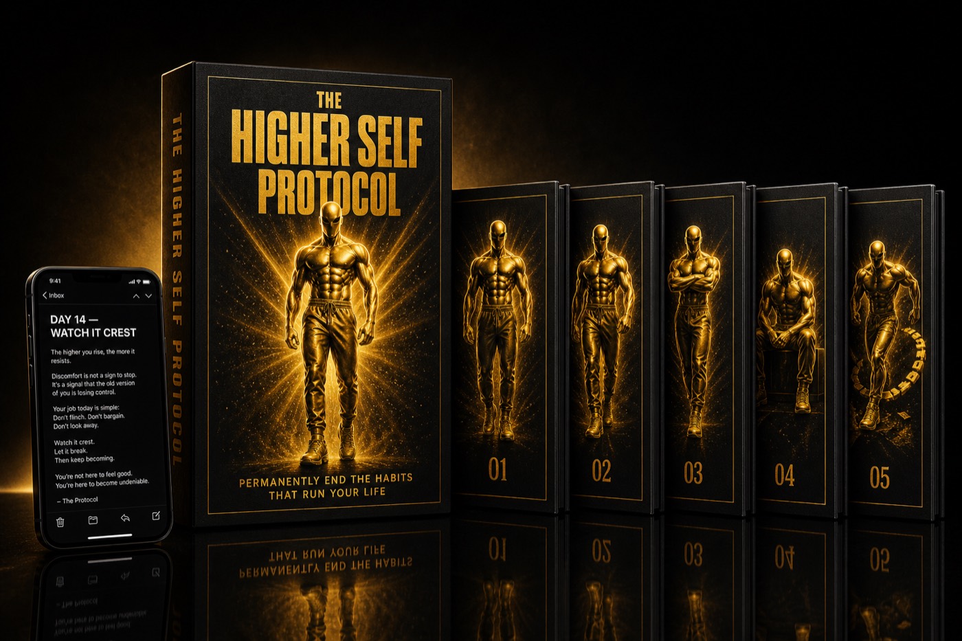 The complete Higher Self Protocol: black and gold box set, the five hardcover guides standing beside it, and a phone showing Day 14 of the 30-Day Rewire email sequence