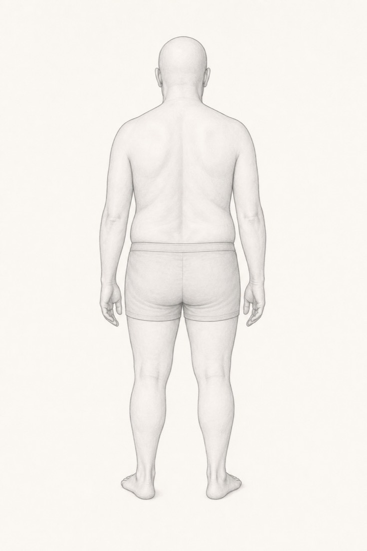 Neutral faceless figure of an ordinary out-of-shape man seen from behind, drawn as a calm grayscale anatomical illustration