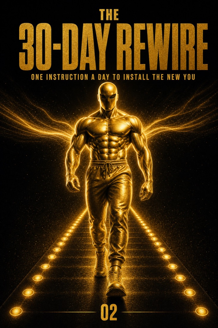 The 30-Day Rewire — black hardcover with a gold pathway rerouting above a faded one