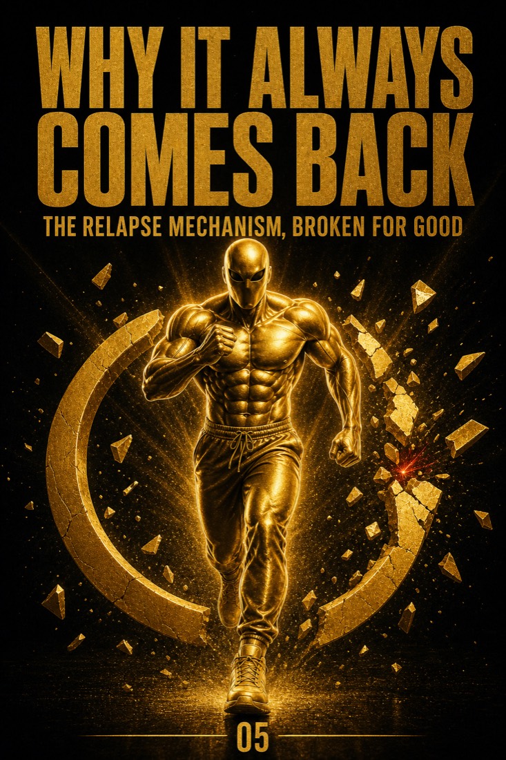 Why It Always Comes Back — black hardcover with a broken gold loop and a small red mark at the break
