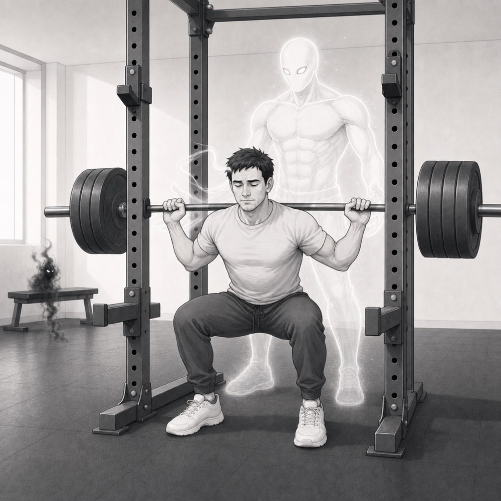 The same man mid-squat under a loaded bar with his higher self spotting behind him, matter-of-fact — the lower self slumped small on a bench in the far corner