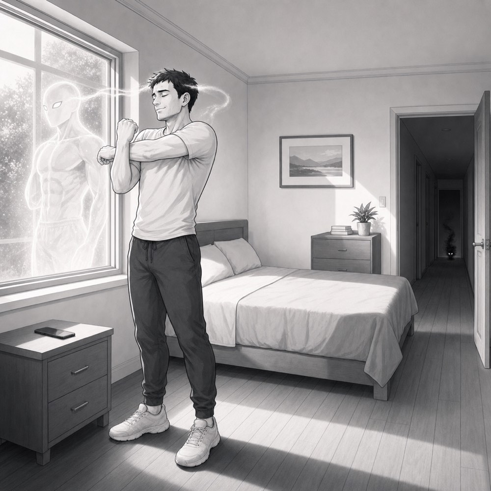 The man, changed, stretching by the window in morning light, his reflection in the glass his higher self — while far down the hallway the lower self sits small and ignored