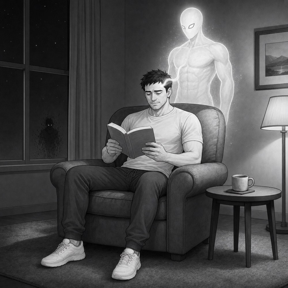 The man at ease in the old battlefield armchair reading, his higher self stood calm behind it — the lower self outside the window in the dark, shut out