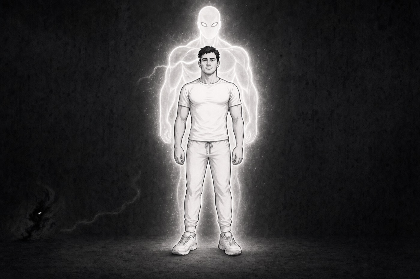 The man stood tall in white, filling the glowing silhouette of his higher self, while the lower self sits small and ignored in the far shadows