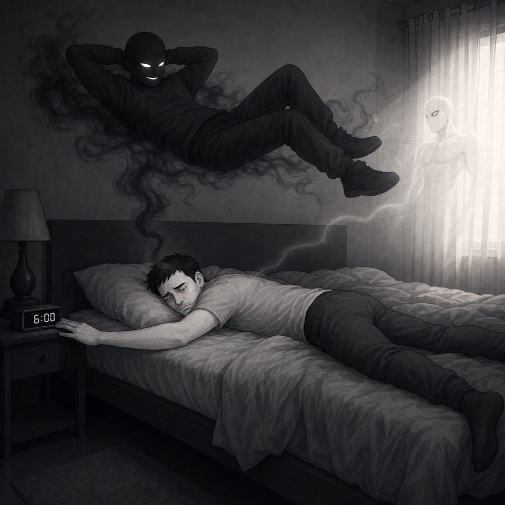 The man face-down in the duvet, arm stretched out to kill the alarm, while the lower self lies back on the covers beside him, hands behind his head