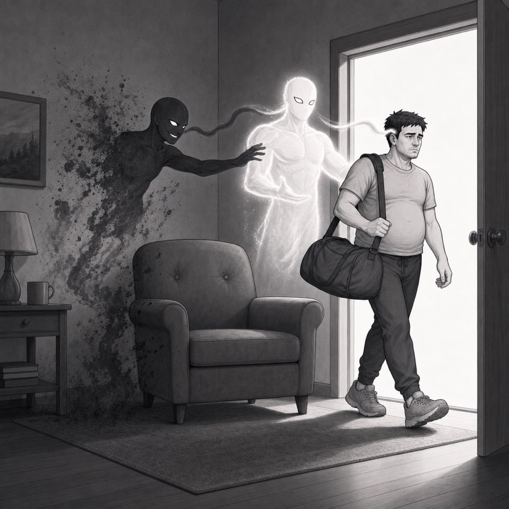 The lower self stands waiting beside an empty armchair while the higher self walks out of the room