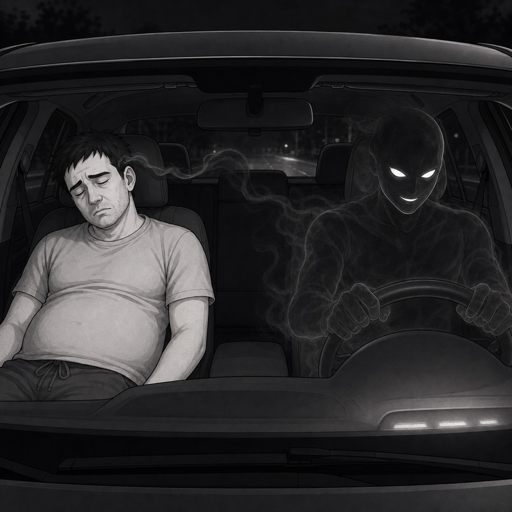 Night drive: the lower self grinning at the wheel while the man sleeps in the passenger seat