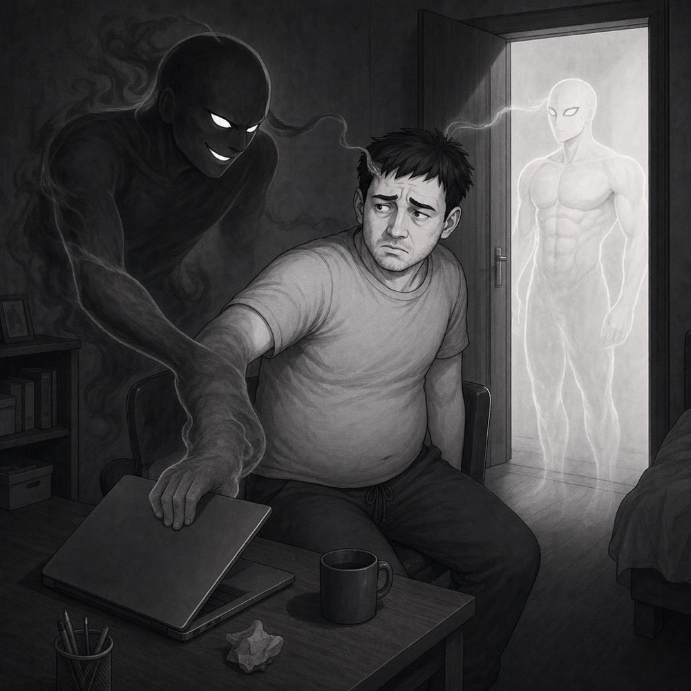 The man snapping a laptop shut with the lower self crouched at his side, hand on the lid, while the higher self stands in the doorway watching