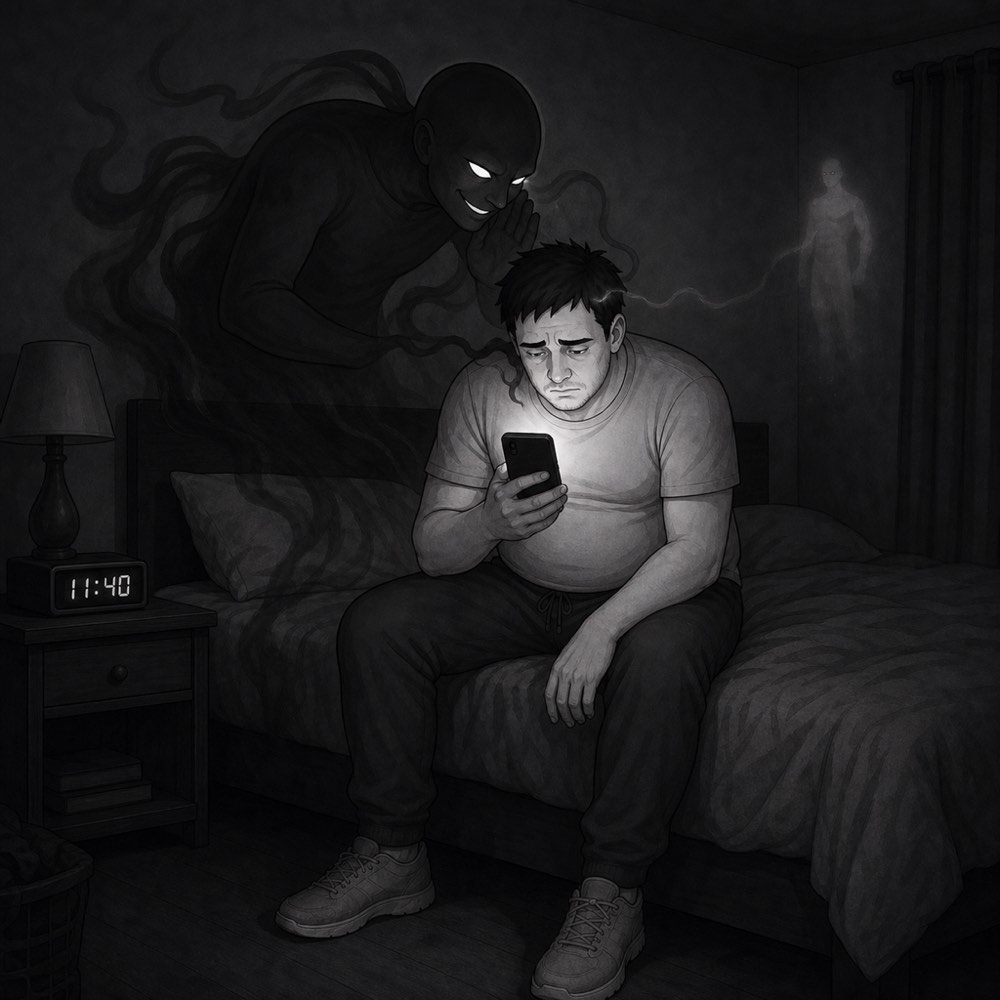 A man hunched on the edge of his bed at night, face lit by his phone, while the lower self sits beside him with an arm round his shoulders, pointing at the screen