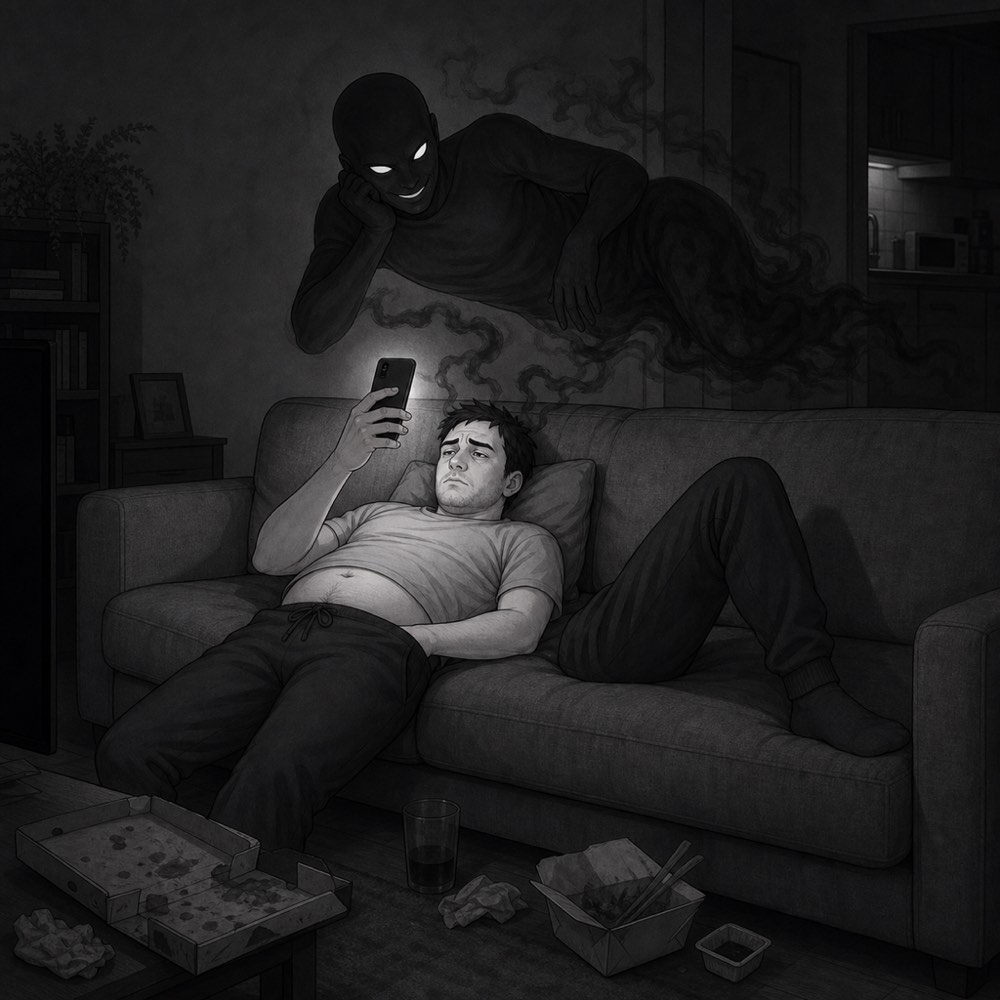 The man sprawled across a sofa scrolling his phone, takeaway containers on the floor, the lower self draped over the sofa back watching the screen with him