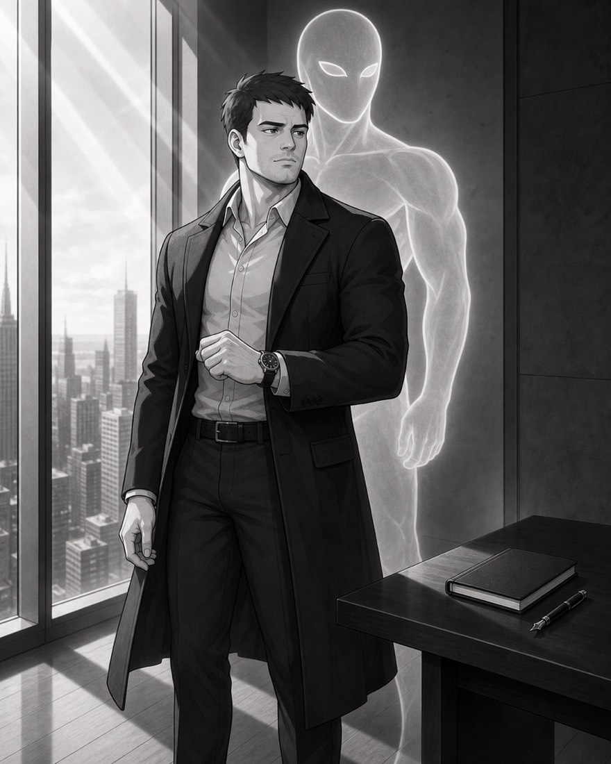 The higher self made flesh: the same man, now fit and impeccably dressed, watch on his wrist, stood tall above the city with the white higher-self aura behind him