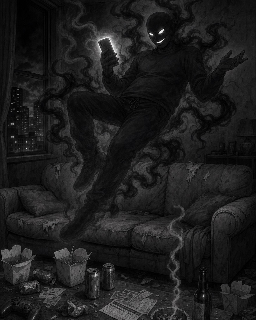 The lower self sprawled across a sofa at night like a throne — out of shape, phone glowing above his face — takeaway boxes, cans, betting slips and an ashtray around him