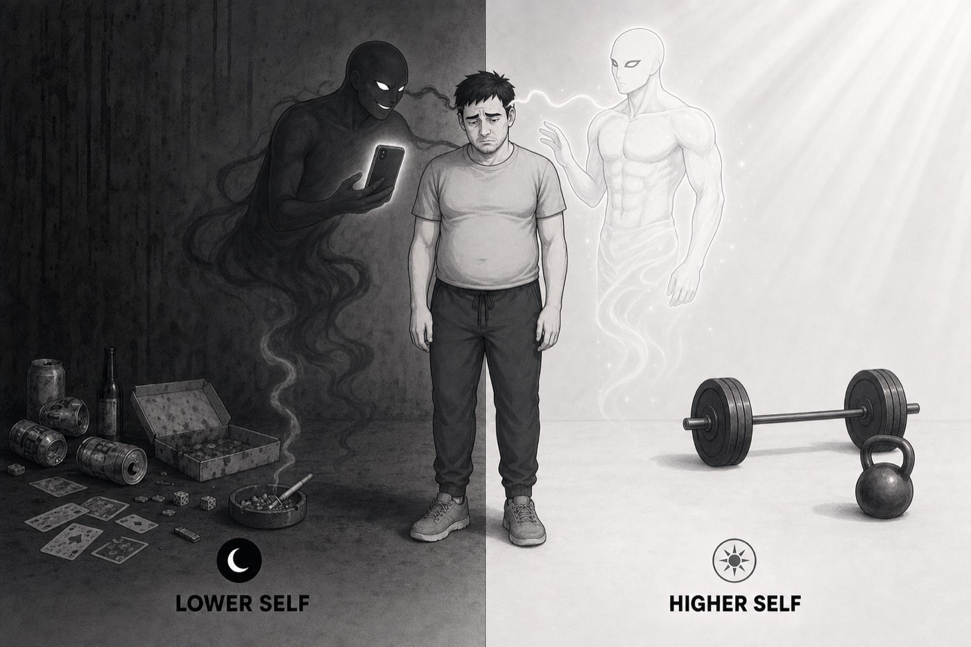 A split world: on the dark left, the lower self whispers into the out-of-shape man's ear holding a phone to his face, bottles, cards and smoke at their feet; on the bright right, the powerful white higher self stands with a hand on his shoulder, a loaded barbell and kettlebell behind him