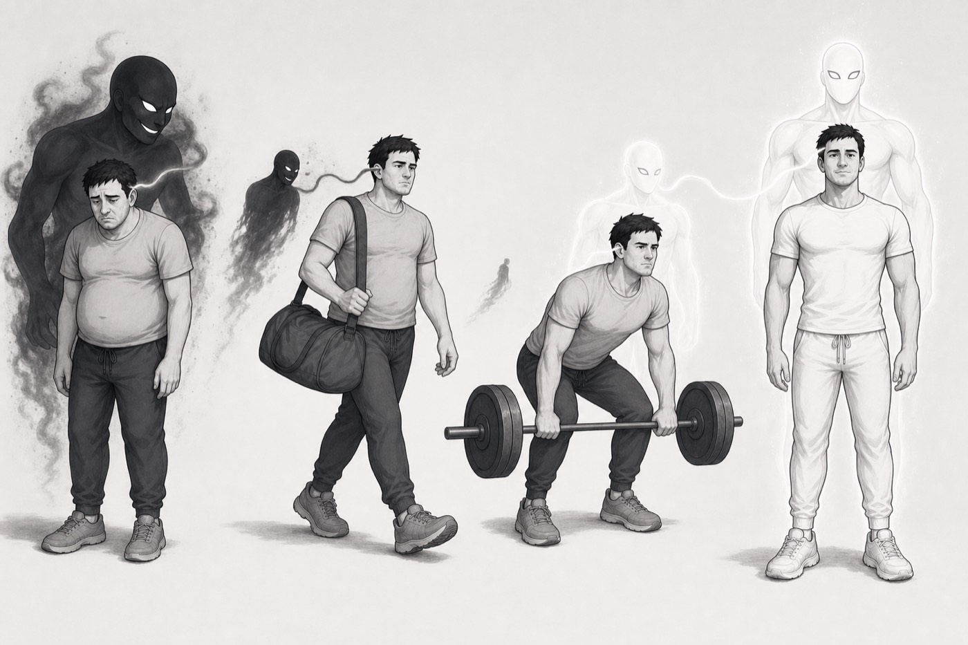 Four stages of the same man: slouched with the lower self whispering at his ear, walking out with a gym bag as the lower self loses its grip, training with the lower self far behind, and finally standing tall inside the faint glowing outline of his higher self